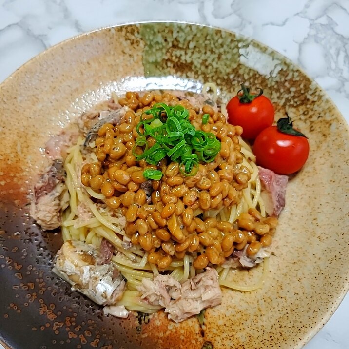 鯖缶と納豆の冷製パスタ